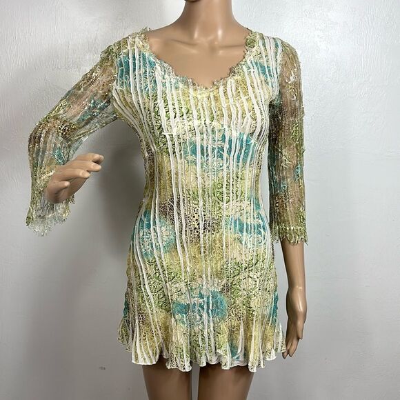 Komarov 3/4 Sleeve Crinkle Tie Up Back Tunic Mini Dress Size S - Picture 1 of 6